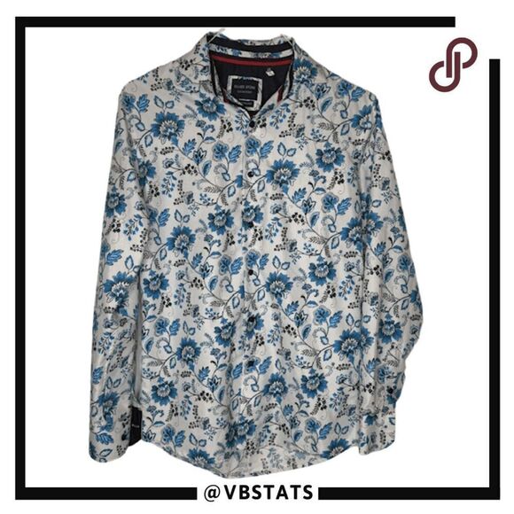 Silver Stone Men's Modern Fit Floral Button Down Shirt White Blue Size Medium - Picture 1 of 7